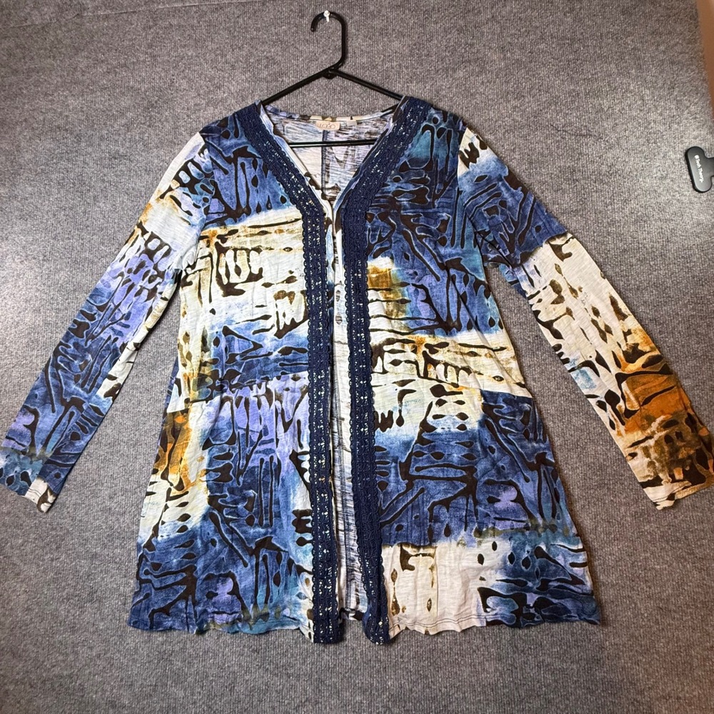 LOGO Lori Goldstein Abstract Print Cardigan Top Blue Multi Cotton Knit Medium